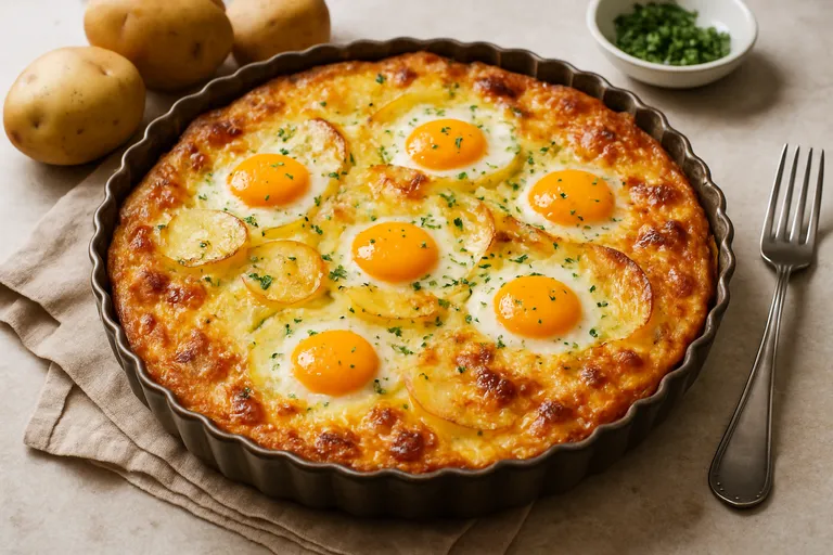 Aardappeltaart met romig ei en kaas uit de oven
